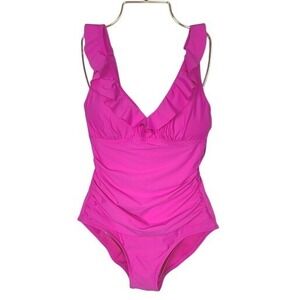 DKNY Womens Ruffled One Piece Swimsuit Adjustable Straps  Medium NWT